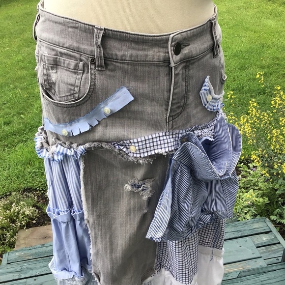 Boho up-cycled tiered patchwork jean mens shirts white eyelet maxi skirt M/L - Picture 6 of 9